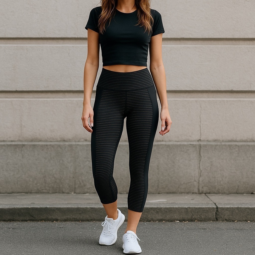 Lululemon InStride Crop Leggings Black Pinstripe Mesh Panel Size 12